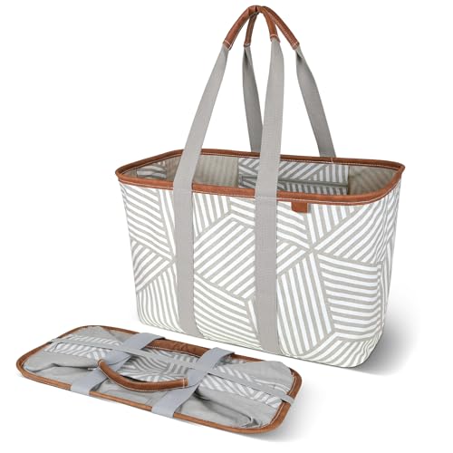 CleverMade Collapsible LUXE Tote - Reusable Grocery Shopping Storage Bag Organizer w/Handles Reinforced Bottom - color: Geometric Taupe