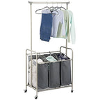 mDesign Portable Laundry Sorter with Wheels and Garment Hanging Bar - Heavy Duty Metal Cart System with 3 Hamper Laundry Sorter Basket Organizers and Drying Rack - Satin/Dark Charcoal Gray