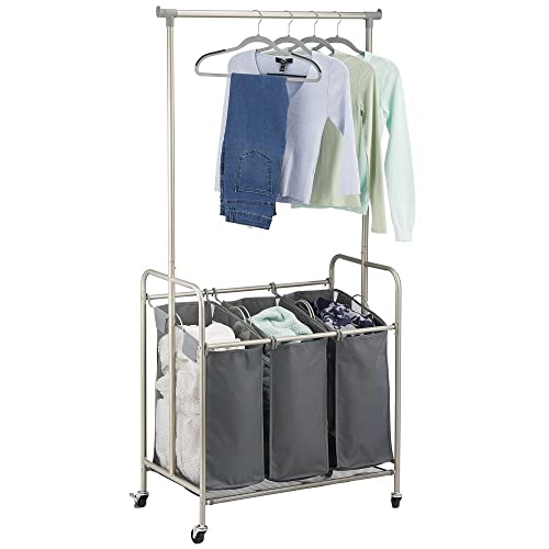mDesign Portable Laundry Sorter with Wheels and Garment Hanging Bar - Heavy Duty Metal Cart System with 3 Hamper Laundry Sorter Basket Organizers and Drying Rack - Satin/Dark Charcoal Gray