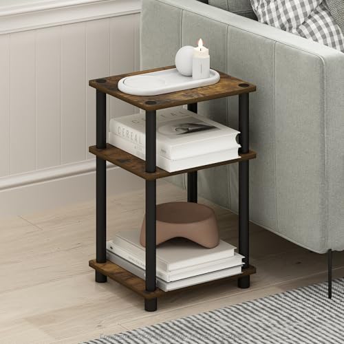 Furinno JUST Side Table, 3-Tier End Table, Open Shelves Night Stand, Bedside Table, Toolless Assembly, for Living Room, Bedroom, Bathroom, Amber Pine - color: Amber Pine/Black, size: 3-Tier, Round Pole, style: 1-Pack