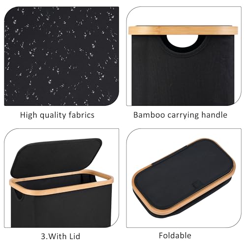 60L Slim Laundry Hamper,Laundry Basket with Lid,Tall Hamper for Laundry,Dirty Cloth Hamper with Bamboo Handle for Toys,Towels, Clothes Organizing,Black - color: Black, size: 60L Slim