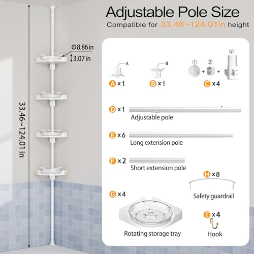 shuang qing 360° Rotating Corner Shower Caddy Tension Pole Organizer - 4-Tier Adjustable Rustproof Metal Pole, Plastic Shelves with Safety Guardrail, Bathroom Storage for Shower & Bathtub(White) - color: White, size: Rotation