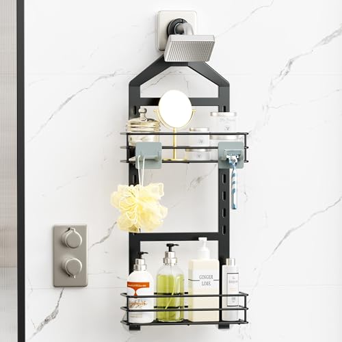 Orimade Adjustable Anti-slip Shower Caddy over Head, Rustproof Bathroom Hanging Shower Organizer with 2 Hooks for Razor, No Drilling Shower Shelves Storage Rack 2 Tier, Black - color: Black-2 Tier