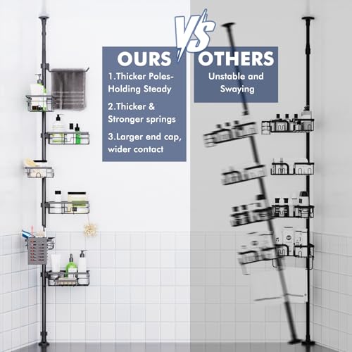 Shower Caddy Organizer Tension Pole, Rustproof 6-Pack Corner Shelf with 30-120 Inch Adjustable Shower Rack for Inside Shower, Extra Towel Bar & Soap Dish for Bathroom Organizers and Storage, Black - color: Black