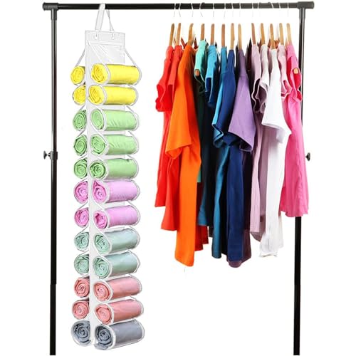 Legging Storage Bag Hanger - Can Hold 24 Leggings, Shirts or Jeans - Foldable Clothes Organizer, Portable Closet Roll Holder (White) - color: White
