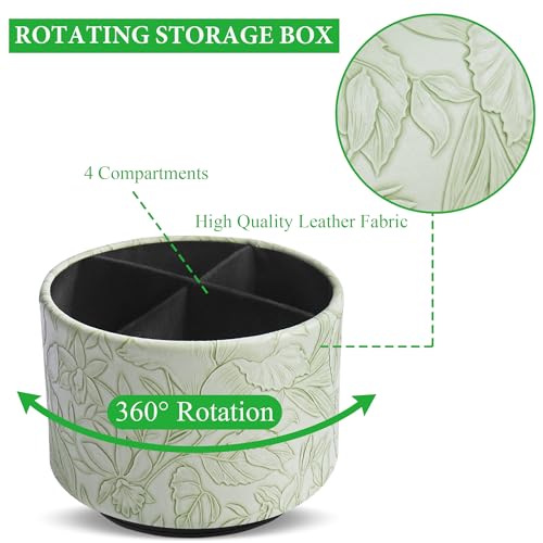Hennaja Round Leather Art Supply Organizer,Remote Control Holder,360 Degree Spinning,Multi-Functional Pencil Holder,4 Compartments Desktop Stationary Organizer(1-Carved Green) - color: 1-Carved Green