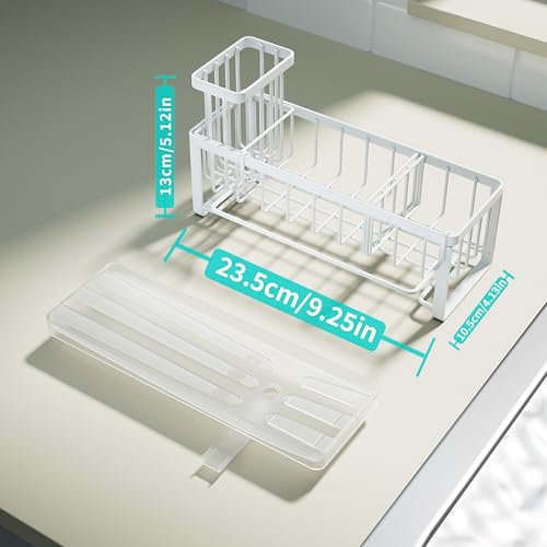 HapiRm Sponge Holder for Kitchen Sink - Self-draining Sink Caddy with Brush and Dishcloth Holders, Stainless Steel Kitchen Organizer for Countertop - White - color: White, size: with Dishcloth Holder
