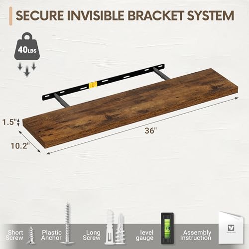 Vivelove 10 Inch Deep Floating Shelves 36 inch Long, 36 x 10 Wide Wall Shelves with Invisible Brackets, for Bedroom Bathroom Living Room Kitchen Office, Farmhouse Home Decor, Set of 2, Rustic Brown - color: Rustic Brown, size: 35.4”Wx10.2”Dx1.5”H