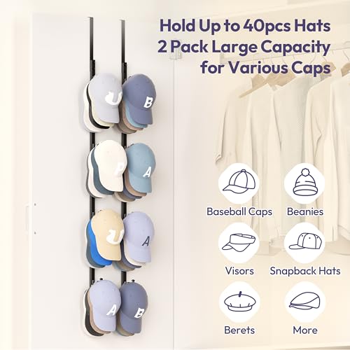 SWTYMIKI Over Door Hat Rack - 2 Packs Hat Organizer with 8 Hooks Design, Hanging Baseball Cap Organizer Storage Holds Up to 40 Caps for Door, Bedroom, Closet (Black) - color: black, size: 2 Pack