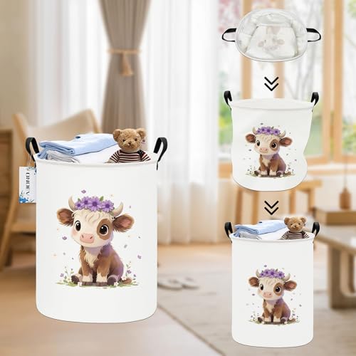 Round Cow Laundry Basket,Collapsible Laundry Hamper for Nursery,Cute Highland Cow Toy Storage Bin for Kids,Waterproof Storage Basket for Home,Bedroom,Playroom,New Parent Gift (Cute calf) - color: Round Cute calf