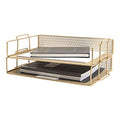 BLU MONACO | Paper Tray Stackable Gold Mesh Set of 2 | Stackable File Trays for Desk Organization | Tiered Desk Organizer with Metal Letter Trays - color: Gold