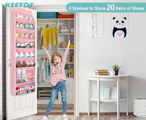 KEETDY Over The Door Shoe Organizer Fit 20 Pairs Sneakers Large Hanging Shoe Organizer for Closet Door Storage Boots, Pink - color: Pink, size: 64"