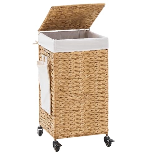 Handwoven Hamper with Lid, Laundry Basket with Wheels, Machine Washable Liner, Clothes Hamper for Bathroom Laundry Room Bedroom(Natural, 78L) - color: Natural/With Lid/78L