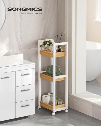 SONGMICS Bamboo Rolling Cart, 3-Tier Utility Cart on Wheels, Slim Narrow Storage Shelf, Bamboo Shelves, Space-Saving, Multifunctional, for Bathroom, Kitchen, White and Natural UBCB083N02 - color: White + Natural, size: 3 Tiers (7.9"D x 11.8"W), style: Wit
