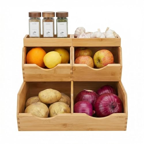 Bamboo Pantry Storage Bins Set 5 Pieces - Stackable Baskets, Potato and Onion Storage, Bamboo Wood Storage Bins for Pantry Baskets Organization and Storage, Kitchen Essential