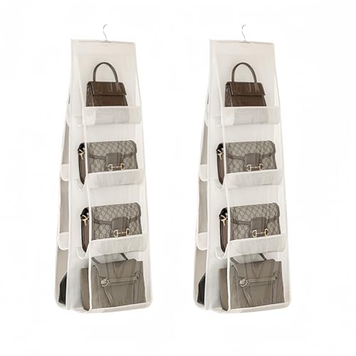 HAN SHENG 8 Pockets Clear Handbag & Purse Organizer Hanging Bag Storage - Space Saving Hanging Shelf for Closet, Wardrobe, Over Door (2 Pack, White) - color: White, size: 8 Pockets-2pcs