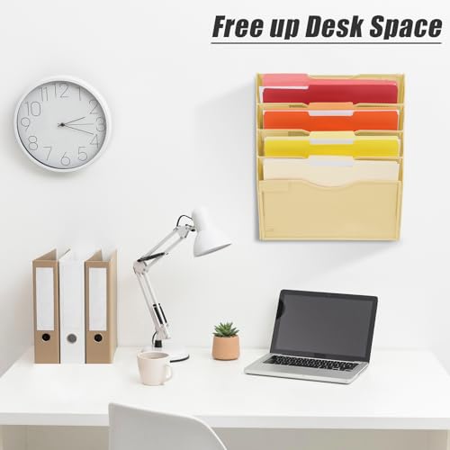 EASEPRES 5 Pocket Mesh Hanging Wall File Organizer, Wall Mounted Mail Paper Document Folder Holder, Clipboard Storage Organization Magazine Rack with Nametag Label for Office Home School, Gold - color: Gold, size: 5 Tier