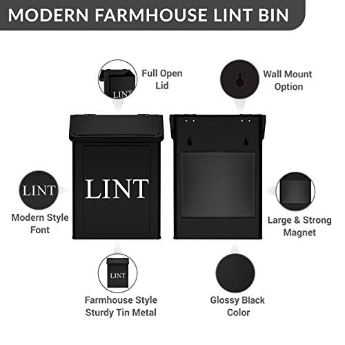 Calindiana Modern Farmhouse Metal Magnetic Lint Bin for Laundry Room Decor and Accessories with Lid and Laundry Room Organization and Storage Wall Mount Space Saving Washer and Dryer Trash Can (BLACK) - color: BLACK