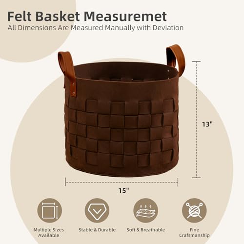 boldmonkey Blanket Basket 15 " x15 x13 2 Pack, Fabric Large Basket with Leather Handle, Dirt Clothes Laundry Basket Round for Babies, Dogs and Living Room-Brown - color: Wood Brown