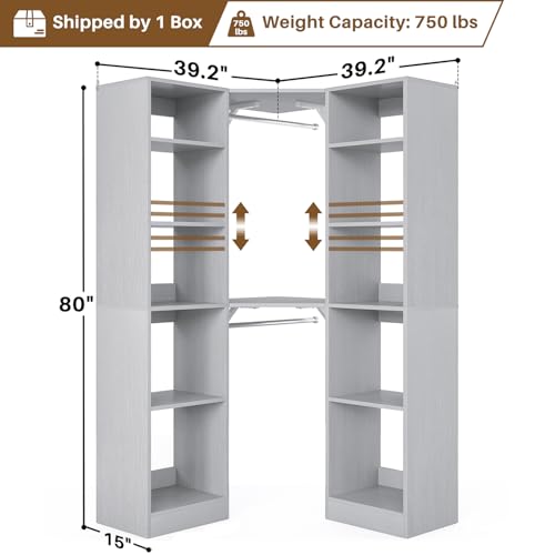Besiost Corner Closet System with 12 Shelves, 39.2" Corner Closet Organizer System with 2 Hanging Rods, Versatile 6-Tier Walk-in Closets for Corner Space, Grey (39.2" L x 39.2" W x 80" H) - color: Grey, size: 39.2" - Without Lights