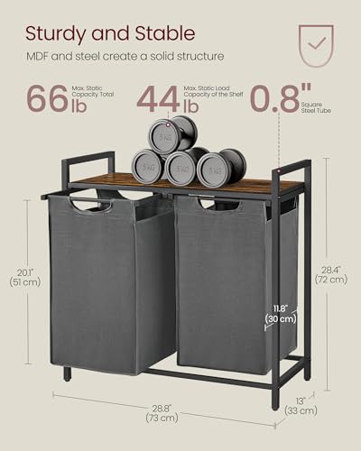 VASAGLE Laundry Hamper, Laundry Basket, Laundry Sorter with 2 Pull-Out and Removable Bags, Shelf, Metal Frame, 2 x 12.1 Gallons (46 L), 28.8 x 13 x 28.4 Inches, Slate Gray and Rustic Brown UBLH201G01 - color: Slate Gray + Rustic Brown, size: 2 Bags - 92 L