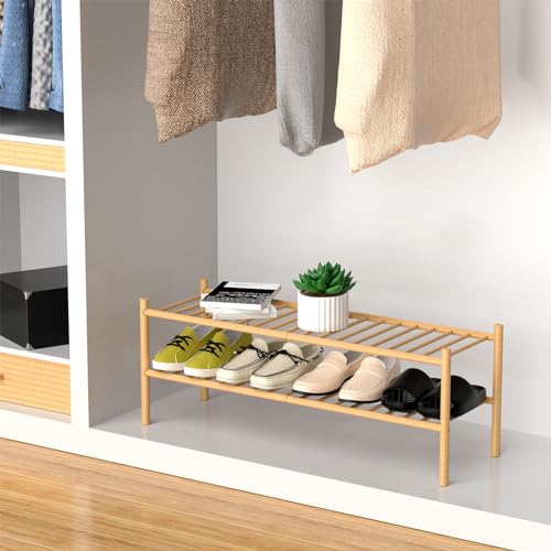 ROMGUAR CRAFT 2-Tier Bamboo Long Shoe Rack, Free Standing Wood Shoe Shelf Storage Organizer for Closet Entryway Stackable 35"x11"x13" (Natural) - color: Natural, size: 2-Tier(Long)