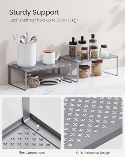 SONGMICS Spice Racks, Set of 2 Metal Cabinet Shelf Organizers, Countertop Organizers, Shelf Risers, Stackable, Expandable, Silver UKCS401G01 - color: Silver, size: 9"D x 15.7"W x 6.1"H + 8.6"D x 15.7"W x 5.4"H