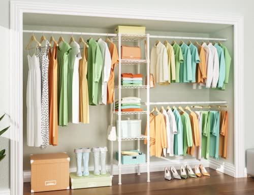 Ulif M1 Closet Storage Organizer System, 6 Tiers Heavy Duty Metal Garment Rack with 3 Expandable Hanger Rods, Wall Mounted Space Saver Suits from 5.4-8.7 ft. Width, 71.2”H x 14”D, 700LBS, White - color: White