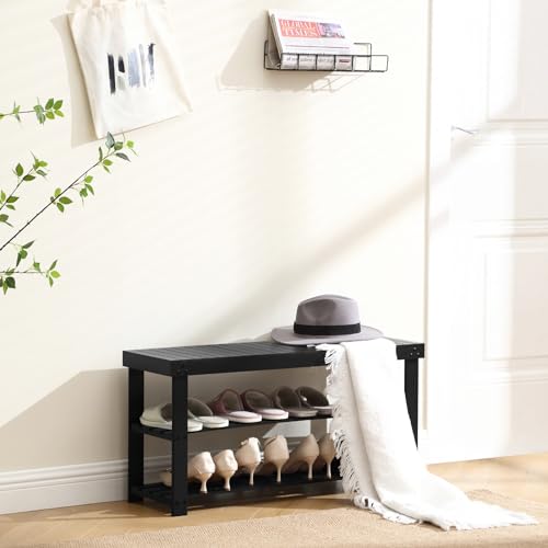 Apicizon Bamboo Shoe Rack for Entryway, 3-Tier Shoe Rack Bench for Front Indoor Entrance, Small Shoe Organizer with Storage, 35.4 Inches, Black - color: Black, size: 35.4 Inches No Cushion