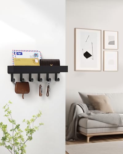 Key Holder Wall Mount with Shelf, Magnetic or Adhesive Key Hooks for Wall, Wooden Key Rack with Mail Organizer for Entryway, RV, Living Room Wall Key Holder for Wallet & Mail, Black - color: Black, size: Medium