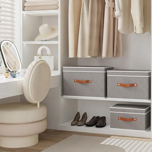 Storage Basket with Lid, Linen Foldable Storage Bin, Closet Organizer Box with Double Handles for Bedroom Corners, Grey, 1 Pack, 13 x 9.1 x 7.9 Inch - color: Grey, size: 13x9.1x7.9in(1-Pack)