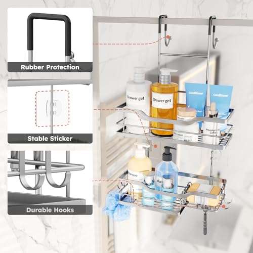 Consumest Over Door Shower Caddy - 2 Tier Shower Shelves Hanging with Soap Holders, Large Capacity Shower Organizer with 4 Hooks, Bathroom Rack and Storage, Silver - color: Silver, size: 2 Tier