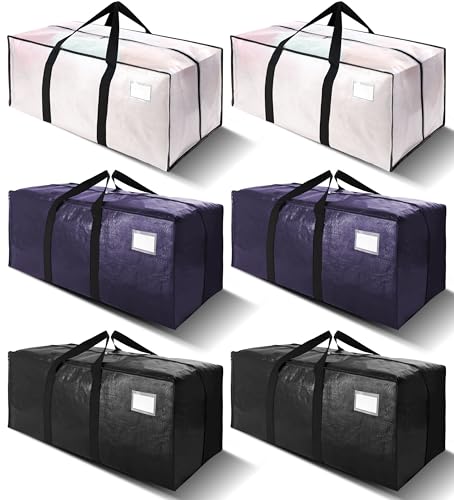 6 Pack Heavy Duty Extra Large Moving Bags W/Backpack Straps - Strong Handles & Zippers, Storage Totes For Space Saving, Fold Flat, Alternative to Box and Bin (40 gal, Semi-Transparent+Blue+Black) - color: Semi-Transparent+Blue+Black, size: 40 Gal - 6 Pack