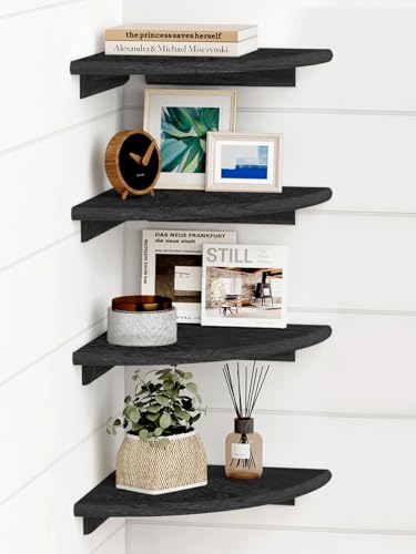 Forbena Black Corner Floating Shelves for Wall Set of 4, Small Rounded Corner Shelves Wall Mount for Bedroom Books, Mini Wood Hanging Corner Shelf for Bathroom Decor, Living Room, Small Spaces - color: 4. Black, size: 10" Depth