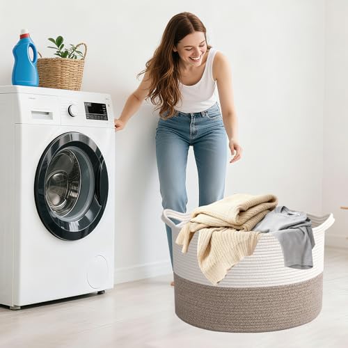 115L Extra Large Blanket Basket,Woven Rope Laundry Basket Hamper with Handles, Decorative Nursery Basket Storage Bin for Toys, Clothes Organizer, Living Room, Bedroom, Bathroom, White & Brown - color: White&Brown, size: 23.6"L x 23.6"W x 15.7"H(115L)
