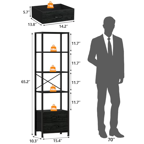 Furnulem 5-Tier Corner Shelf, Narrow Bookshelf with 2 Storage Drawers, 65.16" Tall Bookcase, Standing Shelf Organizer Unit for Living Room, Bedroom, Metal Frame, Wood Display Shelf(Black Oak) - color: Black Oak, size: 5 Tier