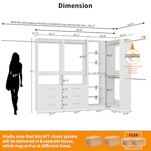 Closet System with 6 Drawers, Corner Closet Organizer Systems with 8 Shelves & 7 Hanging Rods L-Shaped Walk in Closet Freestanding Corner Tower Modular Storage System 3 Sets 2100+ Lbs Capacity White - color: 3 Sets - 86.8''