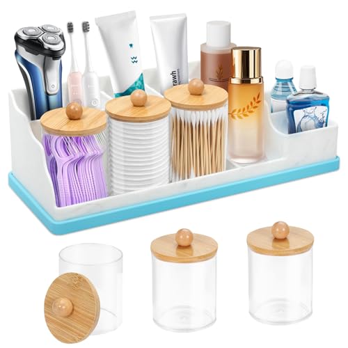 Bathroom Counter Organizer, Large Silicone Toothbrush Holders for Bathrooms with 3PCS Qtip Holder, Detachable Bathroom Organizer Countertop Toothbrush and Toothpaste Holder Makeup Organizer for Vanity - color: White Blue With 3pcs Dispenser
