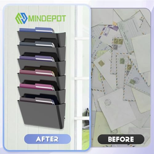 MINDEPOT 6 Pockets Acrylic Wall File Organizer, Clear Wall File Holder, Plastic Hanging Wall File Holder for Office, School and Home, Black - color: Black, size: 6Pack