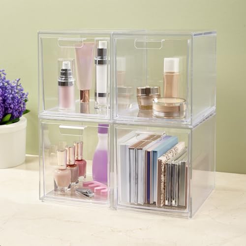 STORi Audrey Stackable Bin Clear Plastic Organizer Drawers | 2 Piece Set | Organize Cosmetics and Beauty Supplies on a Vanity | Made in USA - size: 6.75" Tall Set