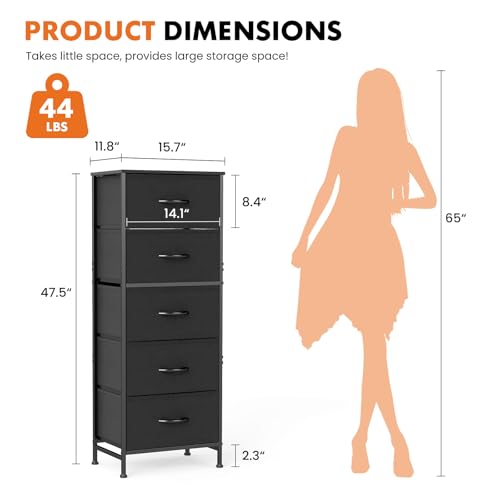 Sweetcrispy 5 Drawer Dresser with Fabric Bins, Sturdy Steel Frame and Wood Top, Storage Organizer Chest for Bedroom, Closet, Hallway, Black - color: Black, size: 15.7"D x 11.8"W x 47.7"H (5 Drawers)