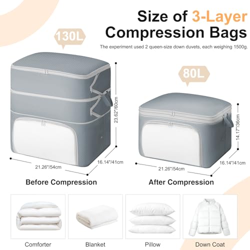 Comforter Storage Bag - 130L Blanket Storage Bags Front-opening Ultra Space Saving Self Compression Organizer, Washable Compression Bags for Storage Comforter Blanket, 2 Pack, Grey - color: Gery, size: 2 Pack - 3-Layer