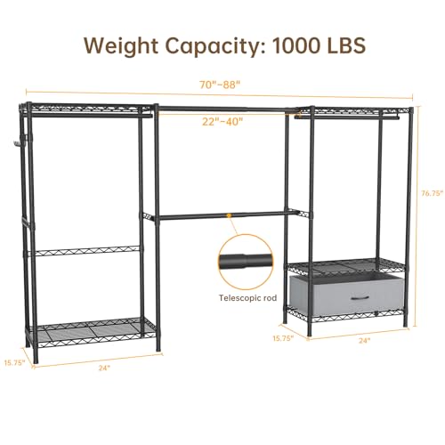 Golpart Coat Rack Clothes Wardrobe：Closet Organizer and Storage Clothing Garment Rack with Shelves Heavy Duty for Hanging Clothes Portable Adjustable Black 15.8" DX69 WX76.5 H - color: Black, size: 15.8"DX69"WX76.5"H