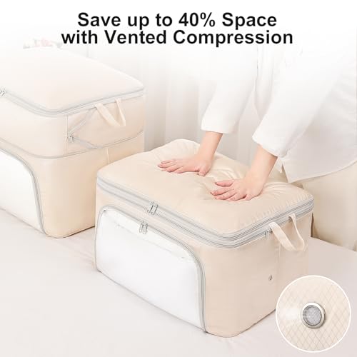 Comforter Storage Bag - Large Capacity Blanket Storage Bags Front-opening Ultra Space Saving Self Compression Organizer, Washable Compression Bags for Storage Comforter Blanket, 2 Pack, Beige - color: Beige, size: 2 Pack - 2-Layer