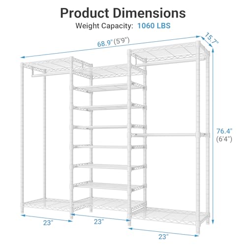 VIPEK S3 Freestanding Clothes Rack Heavy Duty Garment Rack 6-Tier Shoe Racks Closet Storage Organizer Large Wardrobe, Hanging Rod, Adjustable Metal Shelf, 68.9" L x 15.7" W x 76.4" H, White - color: White, style: S3