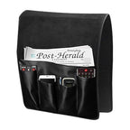 IPENNY No-slip Leather Sofa Couch Remote Control Holder Chair Armrest Caddy Pocket Organizer Storage Bag for Cellphone Tablet Notepad Book Magazines DVD Eyewears Drinker Snacks Holder Pouch - color: Black (Leather + Suede fabric)