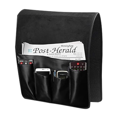 IPENNY No-slip Leather Sofa Couch Remote Control Holder Chair Armrest Caddy Pocket Organizer Storage Bag for Cellphone Tablet Notepad Book Magazines DVD Eyewears Drinker Snacks Holder Pouch - color: Black (Leather + Suede fabric)