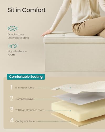 SONGMICS MAZIE Collection - 43 Inches Folding Storage Ottoman Bench, Ottoman Foot Rest, End of Bed Bench, Storage Chest, Load 660 lb, for Living Room, Bedroom, Entryway, Cream White ULSF77BE - color: Cream White, size: 15"D x 43"W x 15"H