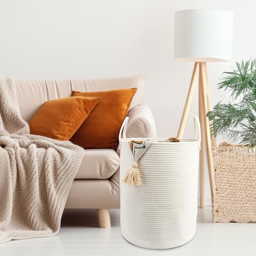 Woven Cotton Rope Laundry basket-15”X20” Laundry Hamper-Rope Storage Basket for Dirty Clothes, Toys and Blankets Perfect for Bathroom, Baby nursery and Living Room Storage (white) - color: white, size: regular