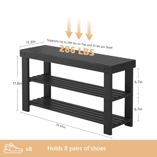 Sweetcrispy Shoe Rack Bench, 3-Tier Bamboo Entryway Storage Organizer, 286lb Capacity, Shoes Stand for FrontDoor Entrance, Bedroom, Living Room, Bathroom, Balcony, 35 Inches Length, Black - color: Black, size: 35 inches WIdth
